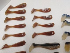 HAND POURED SOFT SWIMBAIT LURES, LOT OF 34, ASSORTD COLORS, UNKNOWN MAKER