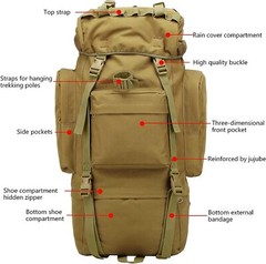 65L Military Tactical Backpack Camping Sport Rucksack Extra Large Hiking Daypack