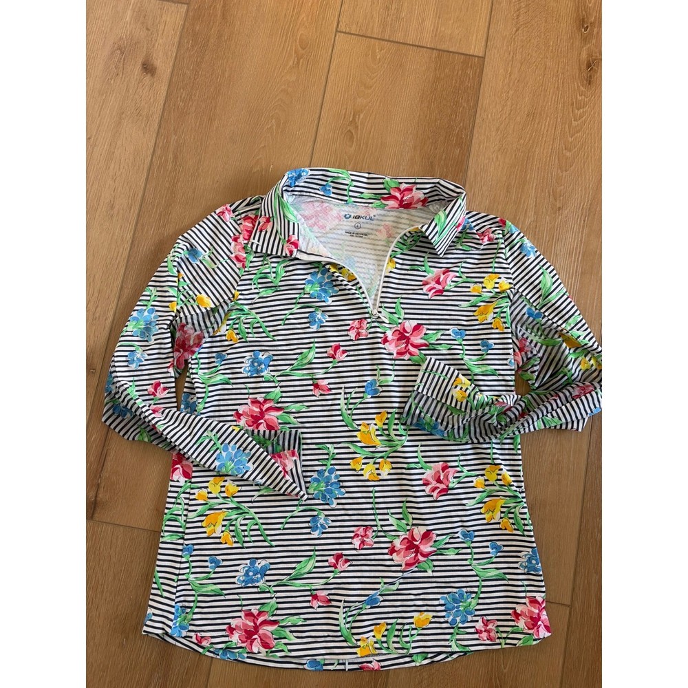 IBKUL Womens Floral Stripe Quarter Zip Sun Shirt Long Sleeve UPF 50 Navy Large
