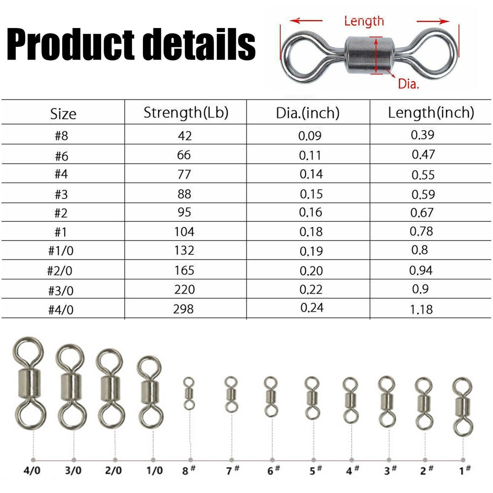100Pcs Rolling Barrel Swivel 42-330lb Fishing Swivels Solid Ring #1-#8,1/0-6/0