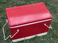 Vtg Red Metal Coleman Cooler with Folding Handles 1974 Germany World Cup Horse