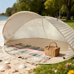 Beach Tent Pop Up Sun Shelter Canopy Shade Umbrella Automatic Striped Beige
