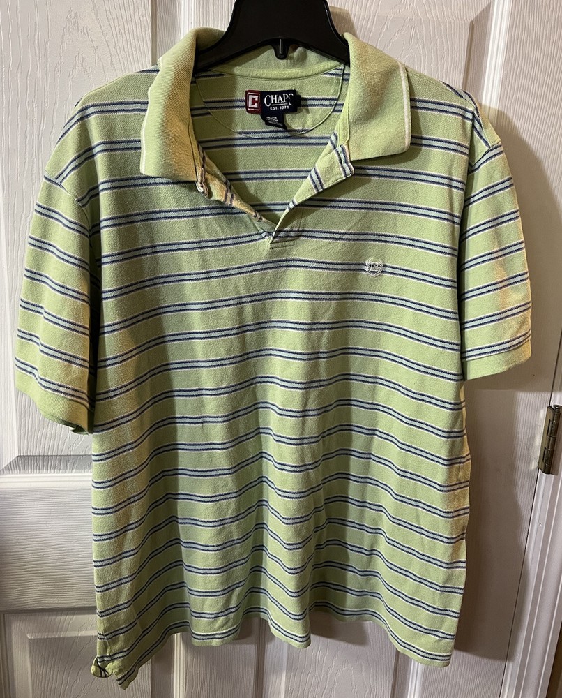 Chaps Men Short Sleeve Polo Pullover Shirt XL Green Blue Stripes