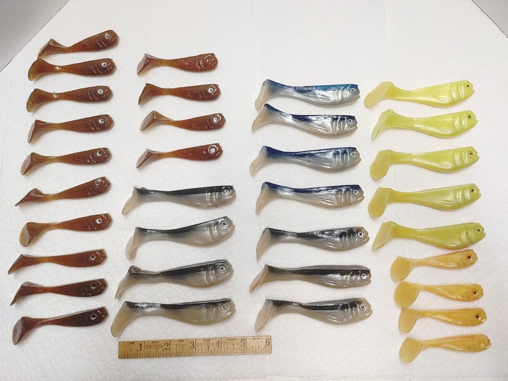 HAND POURED SOFT SWIMBAIT LURES, LOT OF 34, ASSORTD COLORS, UNKNOWN MAKER