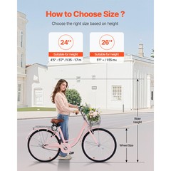 26&Prime; Beach Cruiser Bike 1-Speed City Bicycle with Basket for Women Ladies Pink