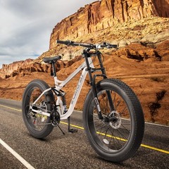 26 Inch Fat Tire Mountain Bike Shimano 21 Speed Bicycle Dual Disc Brake, White