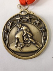 2&Prime; Wrestling medal, Gold, team or individual award, with engraving, stars at top