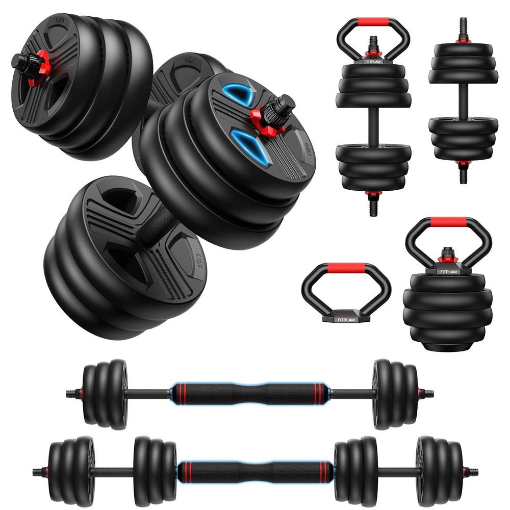 FITPLAM Adjustable Dumbbell Set 20-90lbs, 5-in-1 Kettle/Barbell/Push-up Home