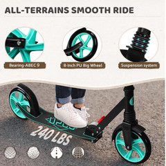UPGO Kick Scooter for Ages 6+, 240 LB Max Load, Foldable, 8-Inch Wheels, Aquas