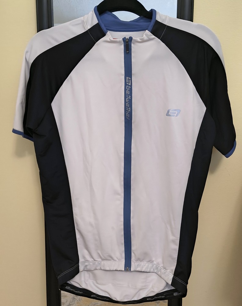 Bellwether Cycling Jersey Mens L White & Blue Full Zip Short Sleeve Bike Shirt