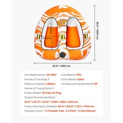 Towable Tubes for Boating 2-Person Inflatable Boating w/2 Cockpits & Backrests