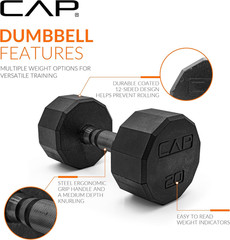 CAP Rubber Coated Hex Dumbbell Set with Storage Rack | 100–210 Lb Options, Space