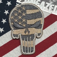 Punisher Flag Skull Grey Tan Patch Hook Back Quality Embroidery 2.5×3.5”