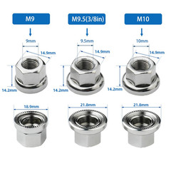 6Pcs Wheel Hub Nut Flanged Axle Nut 3 Sizes M8/3/8/M10 for Front and Rear Bike W