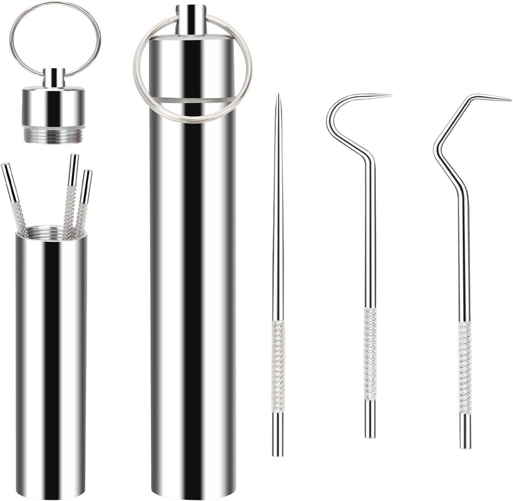3 Pieces 2 Set Metal Toothpicks Kit, Reusable Toothpick Holder Portable Stainles