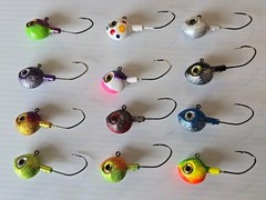 LOT OF 12 UNBRANDED 1 OZ BIG EYE JIG HEADS FISHING LURES DETROIT RIVER COLORS