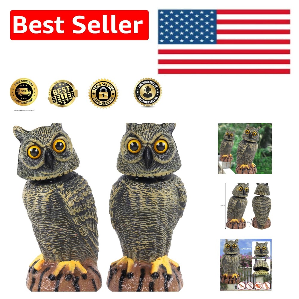Set of 2 Golden Scarecrow Owl Decor – 10.6 Inch Rotating Head Bird Repells