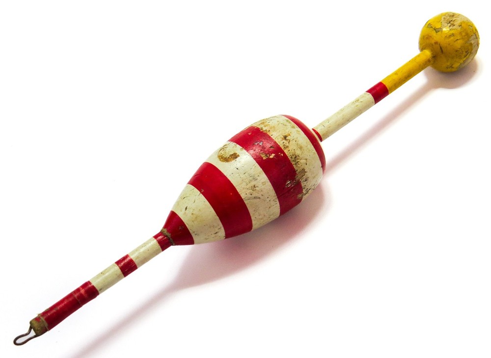 Unknown 9&Prime; Vintage All-Wood Fishing Bobber Float, Red White Stripes, Yellow