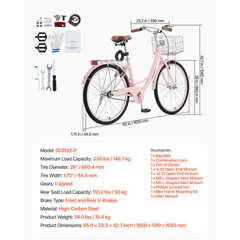26&Prime; Beach Cruiser Bike 1-Speed City Bicycle with Basket for Women Ladies Pink