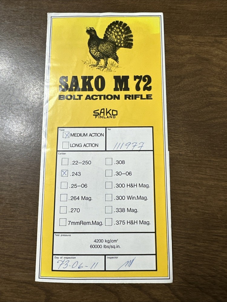 1973 Vintage Original Finland Sako M72 Medium Action Bolt Rifle Owners Manual