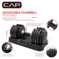 CAP Barbell 10-in-1, 55lb ADJUSTABELL® Dumbbell, (10 15 20 25 30 35 40 45 50 55