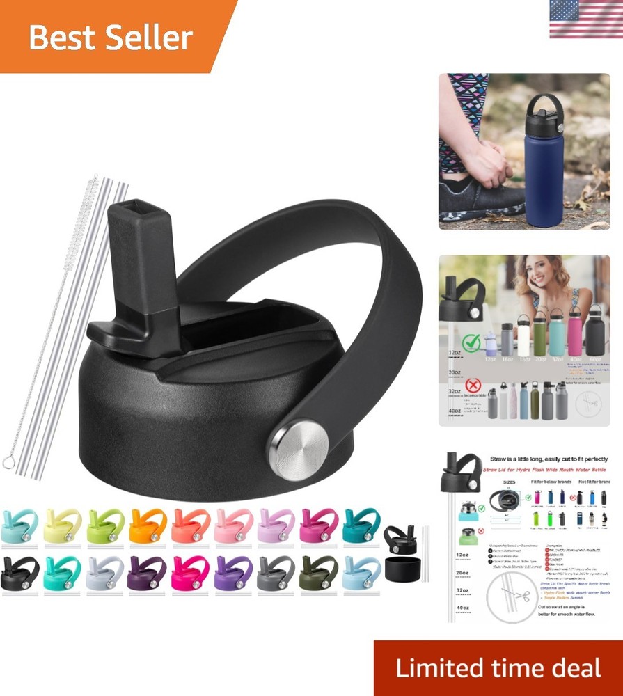 Modern Black Straw Lid with Flexible Handle for Hydro Flask Wide Mouth Bottles