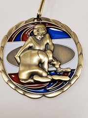 Wrestling medal, Gold, red, white, blue 2.5&Prime; individual award, lanyard, engraved