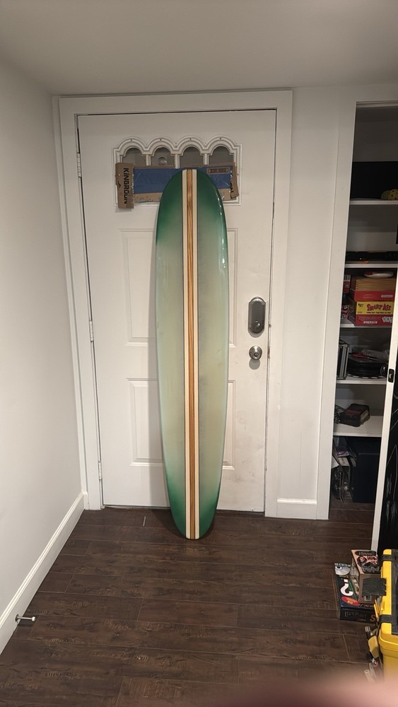 Longboard Surfboard Green Resin Deck, Wood Grain Bottom, Black Signature