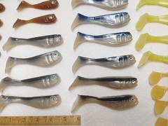 HAND POURED SOFT SWIMBAIT LURES, LOT OF 34, ASSORTD COLORS, UNKNOWN MAKER