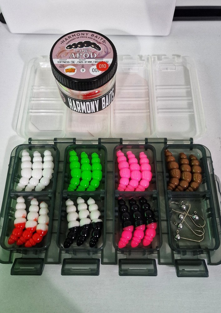 Selection of New 37mm Harmony Baits Larva Apod,1g Jigs and New Meiho Box rrp £15