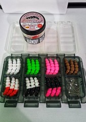 Selection of New 37mm Harmony Baits Larva Apod,1g Jigs and New Meiho Box rrp £15