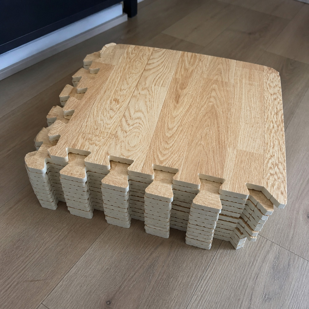 Sorbus Wood Grain Foam Floor Mat Set – 16 Interlocking Tiles (Pine Finish), 3/8&Prime;