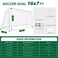 Pro Soccer Goal Set 16x7ft w/6 Cones & Net, Heavy Duty 50mm Steel