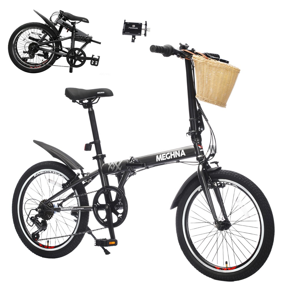 20&Prime; Folding Bike for Adults, 6-Speed Steel Frame with Basket & Fenders