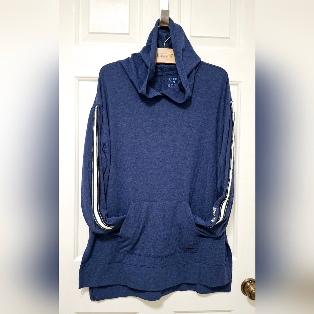 Life Is Good Blue Cotton Hooded Front Pocket Breathe Pullover Size Medium