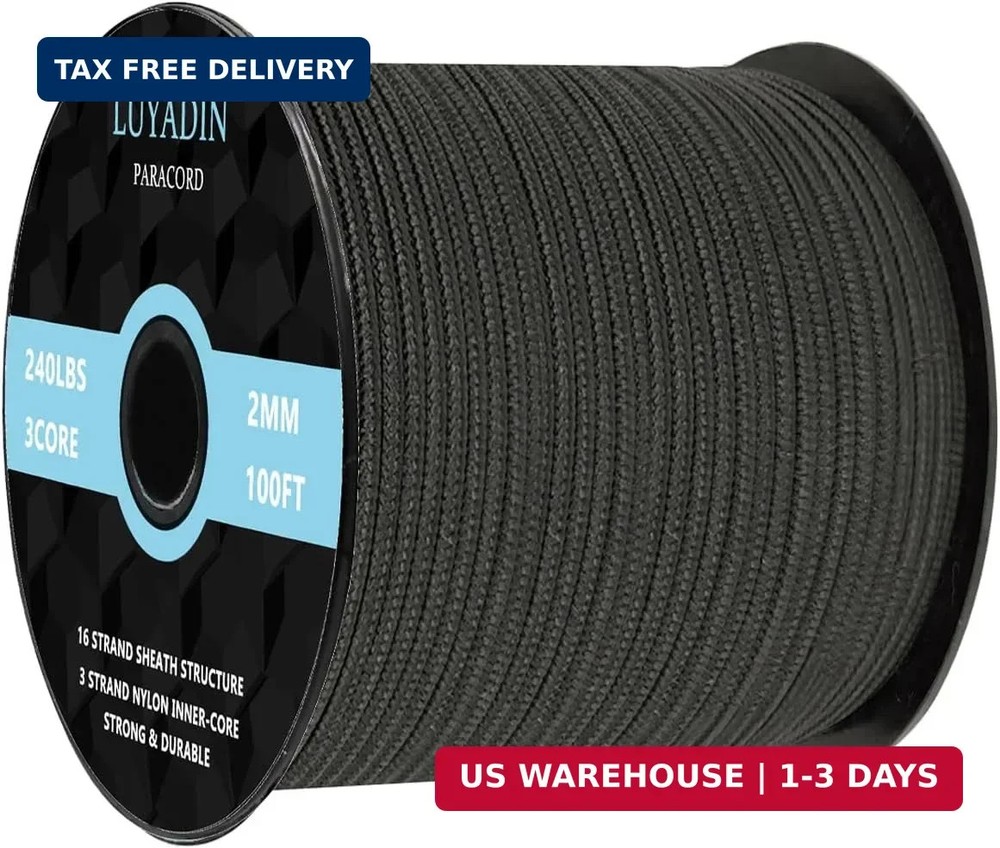 Paracord 240lb – 2mm Micro Utility Cord – 3 Strand Parachute Spool Cord – 100ft