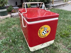 Vtg Red Metal Coleman Cooler with Folding Handles 1974 Germany World Cup Horse