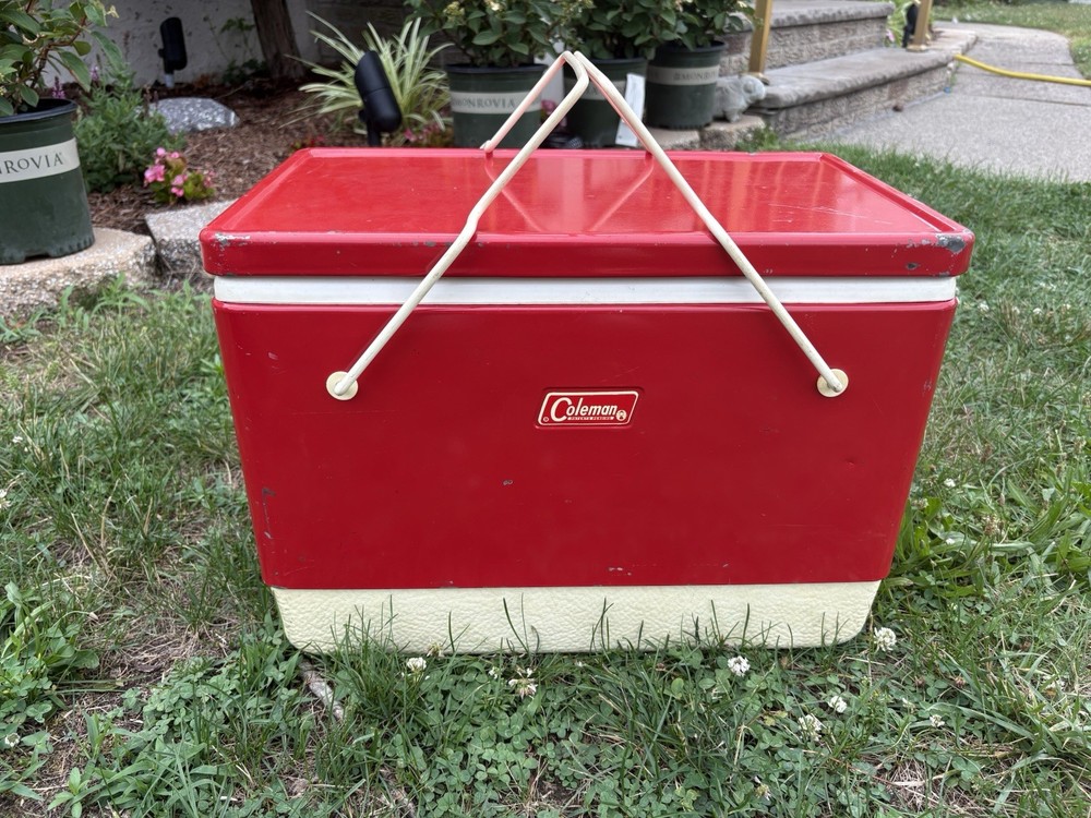 Vtg Red Metal Coleman Cooler with Folding Handles 1974 Germany World Cup Horse