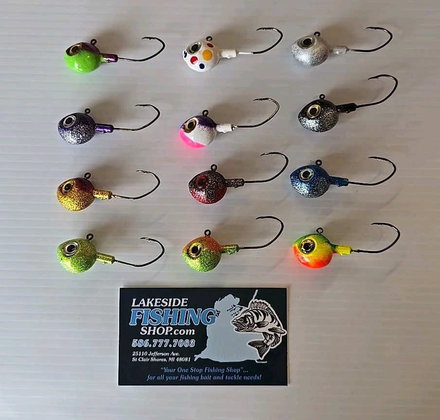 LOT OF 12 UNBRANDED 1 OZ BIG EYE JIG HEADS FISHING LURES DETROIT RIVER COLORS