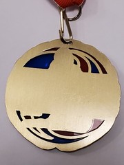 Wrestling medal, Gold, red, white, blue 2.5&Prime; individual award, lanyard, engraved