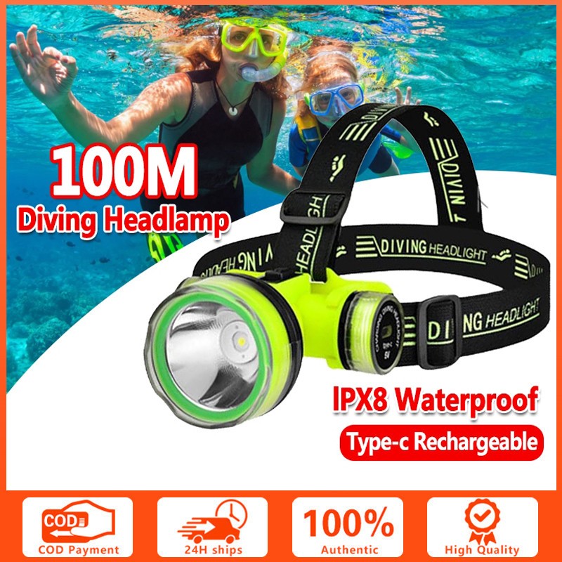 100m Diving Head Lamp Rechargeabl Waterproof Diving Flashlight Camping Fishing