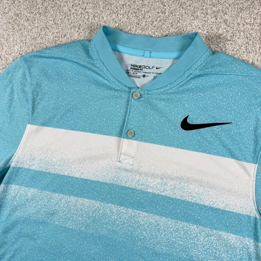 Nike Golf Polo Mens Medium Blue Dri-FIT Modern Fit Blade Collar Stripe Shirt