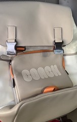 COACH Beige/Gray/Orange Logo Hiking Backpack, Buckle Closure, Front Zip Pocket