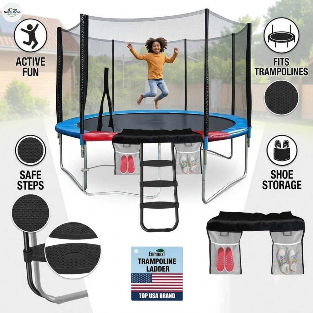 Universal Trampoline Ladder 3 Wide Steps Shoe Pocket 240 lb Black