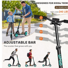 UPGO Kick Scooter for Ages 6+, 240 LB Max Load, Foldable, 8-Inch Wheels, Aquas
