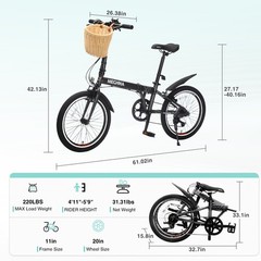 20&Prime; Folding Bike for Adults, 6-Speed Steel Frame with Basket & Fenders