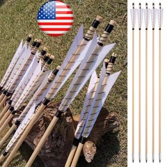 12X 32&Prime; Traditional Wooden Arrows Feather Longbow Recurve Bow Archery Hunting