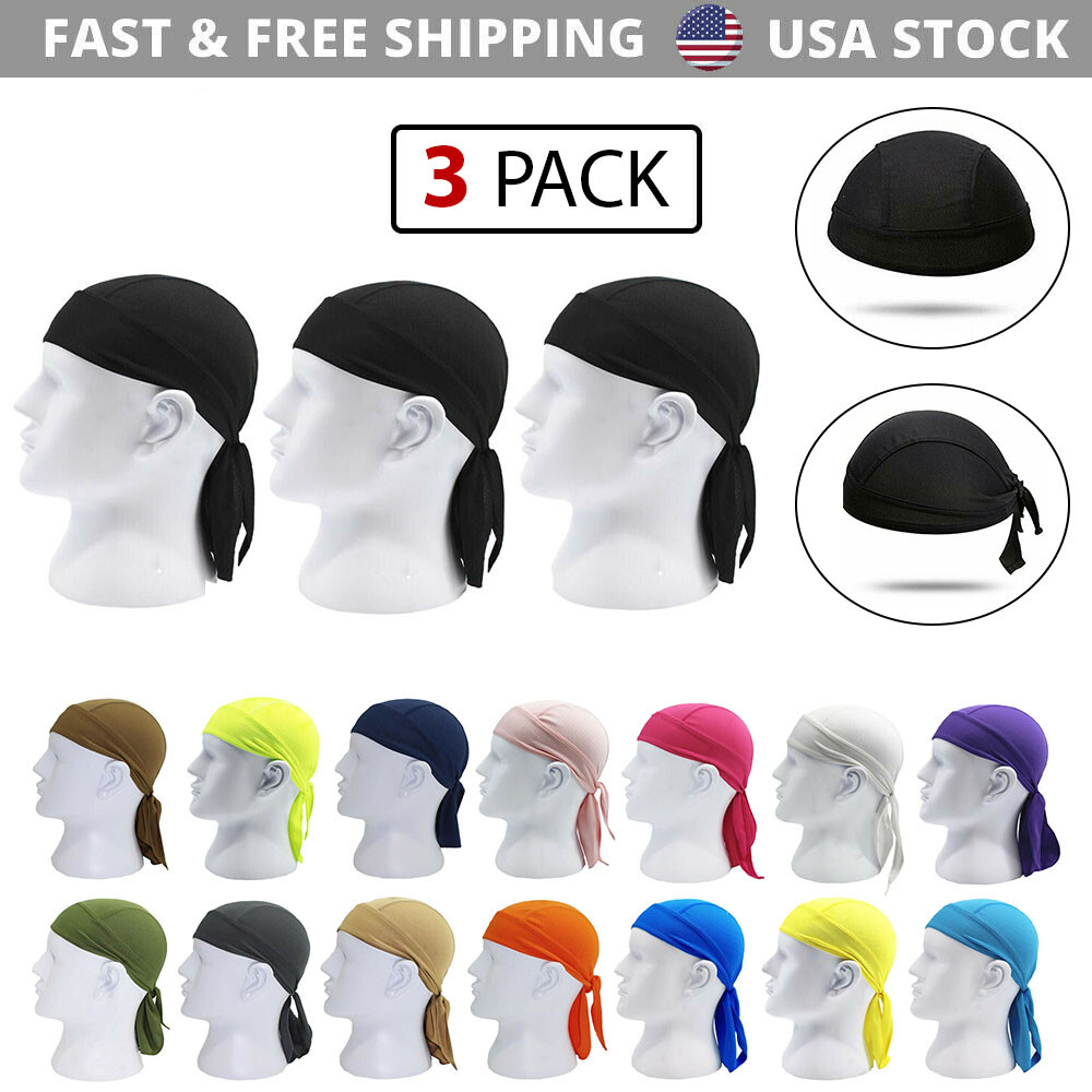 3 Pack Skull Cap Motorcycle Head Wrap Tie Durag Du-rag Beanie Cycling Bandana