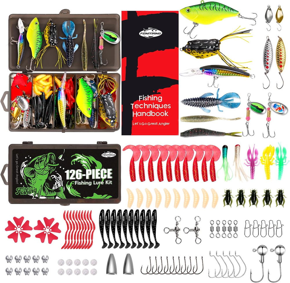 126pcs Fishing Lures Kit Tackle Box Bass Trout Gear Set w Guide Book