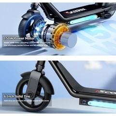 Kids Electric Scooter 150W Age 6-14 Kick E-Scooter Adjustable Height 3 Speed LED